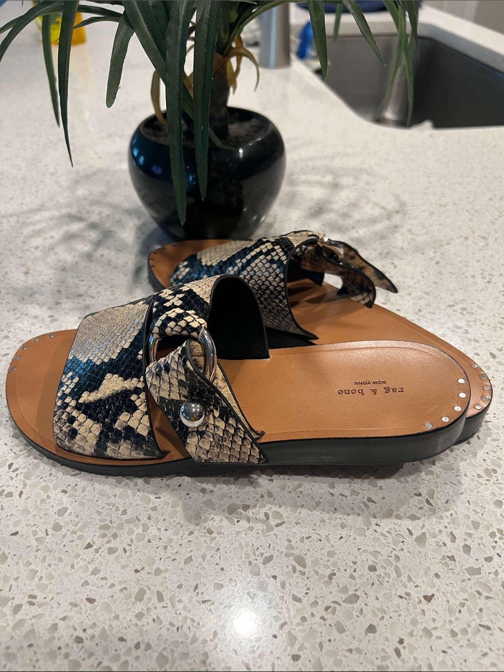 Rag & Bone Snake-Print Slide Arc Sandals in Beige Black
